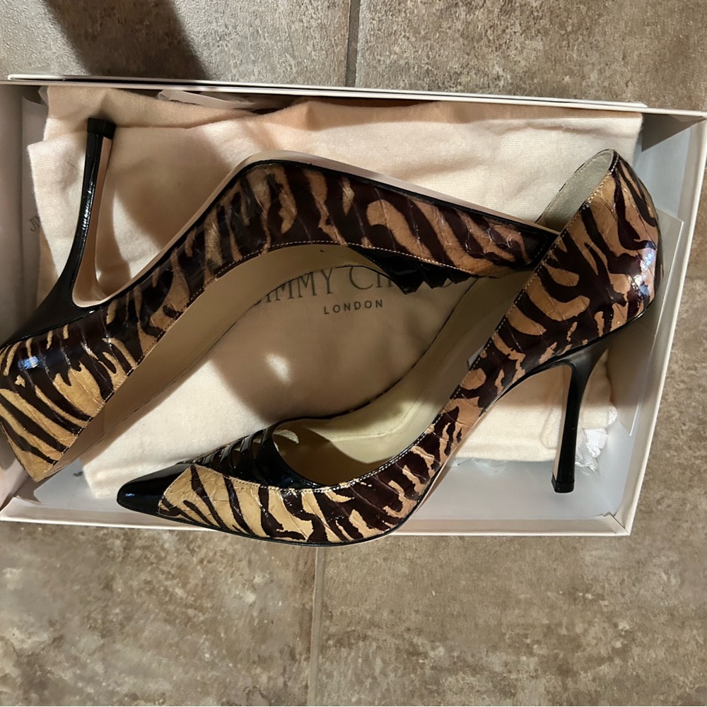 Jimmy Choo Tan and Black Heels with Animal Print